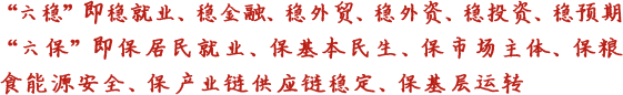 六穩(wěn)即穩(wěn)就業(yè)、穩(wěn)金融、穩(wěn)外貿(mào)、穩(wěn)外資、穩(wěn)投資、穩(wěn)預(yù)期六保即保居民就業(yè)、保基本民生、保市場主體、保糧食能源安全、保產(chǎn)業(yè)鏈供應(yīng)鏈穩(wěn)定、保基層運(yùn)轉(zhuǎn)